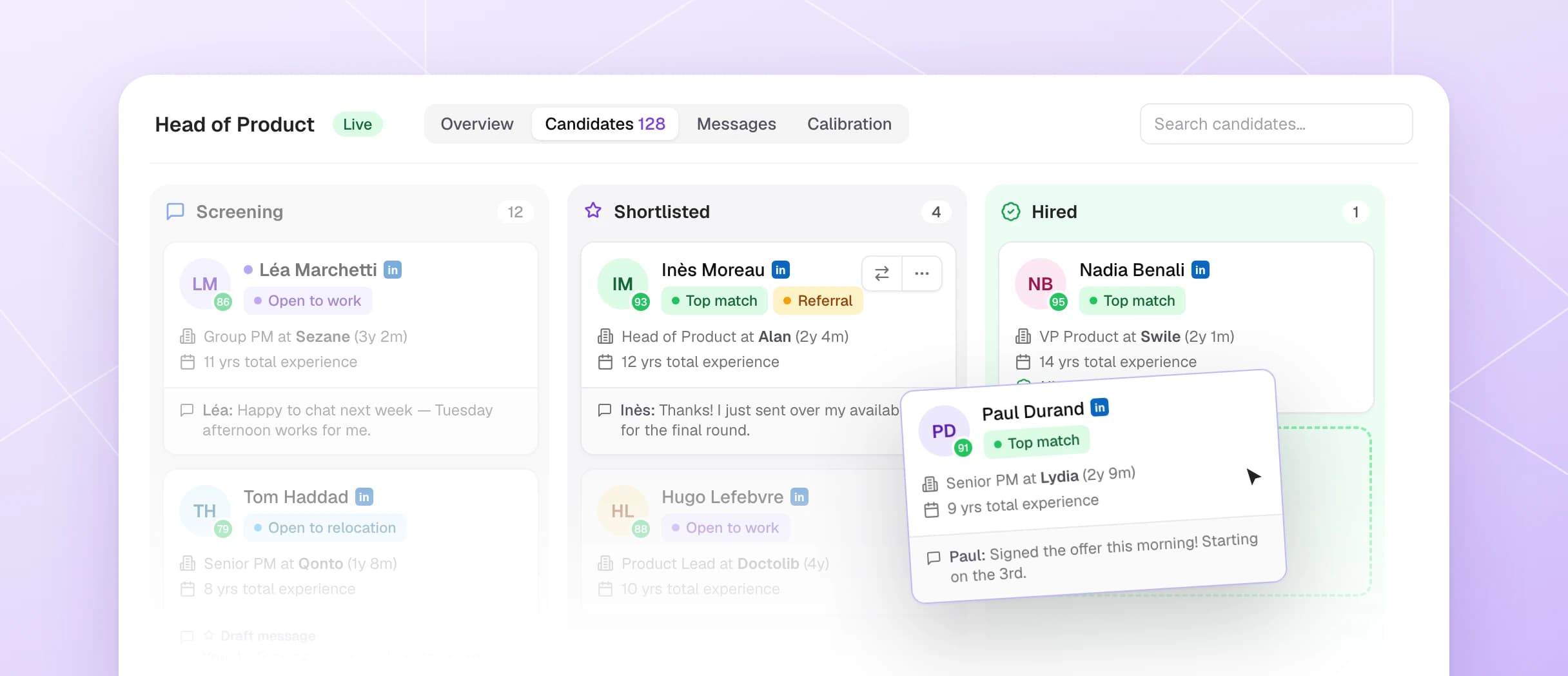 Follow-up delays, a Hired column, and handled conversations
